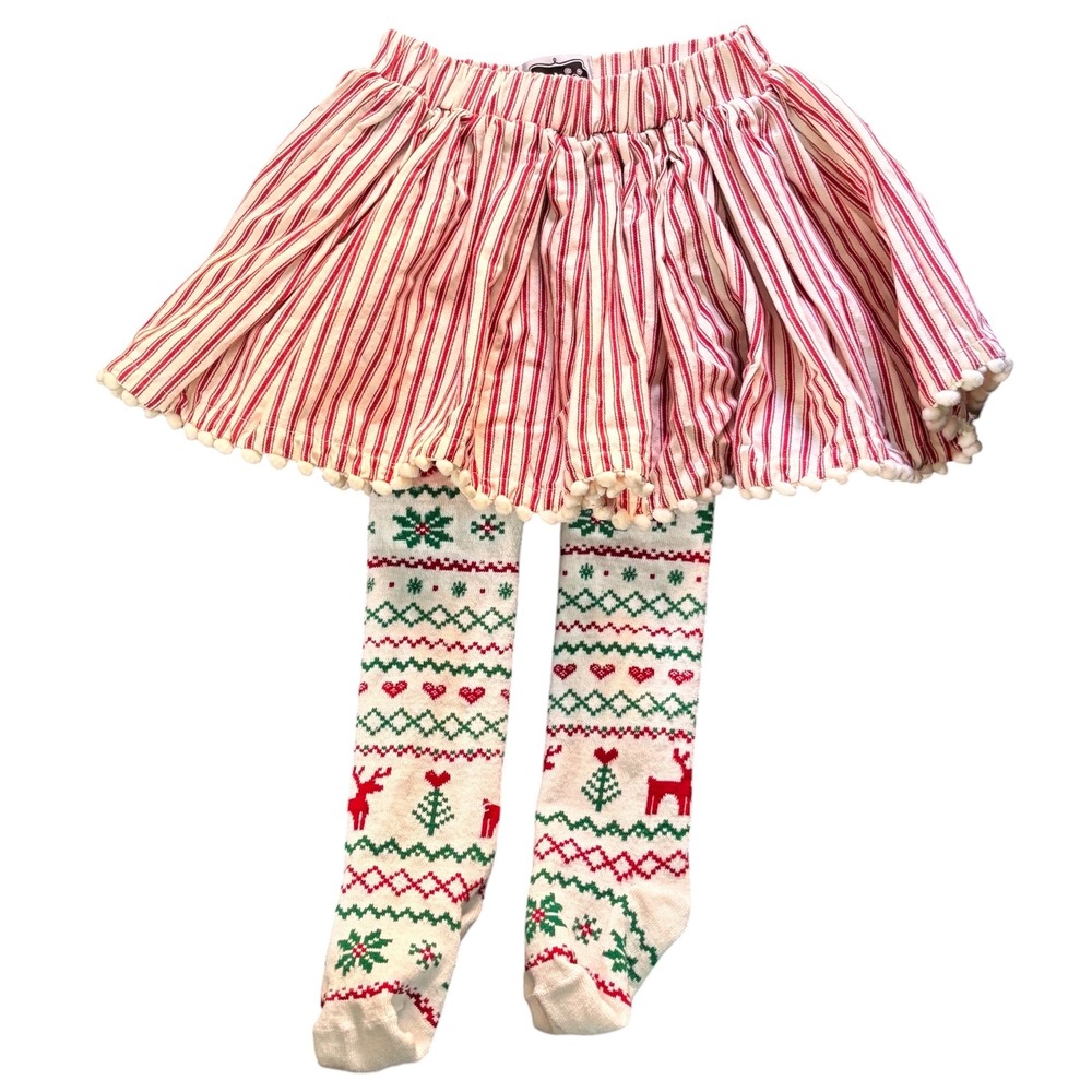 Mud Pie Kids 24M 2T Christmas Reindeer Snowflake Skirt Tights Set Red White